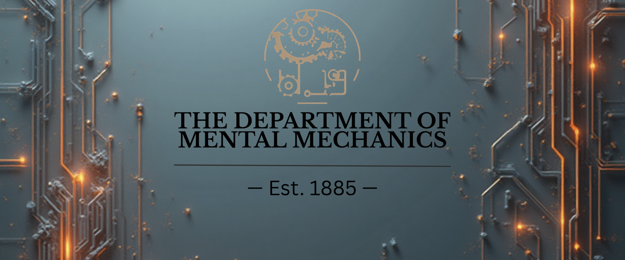 Design with circuit board patterns and 'The Department of Mental Mechanics' text on a blue background