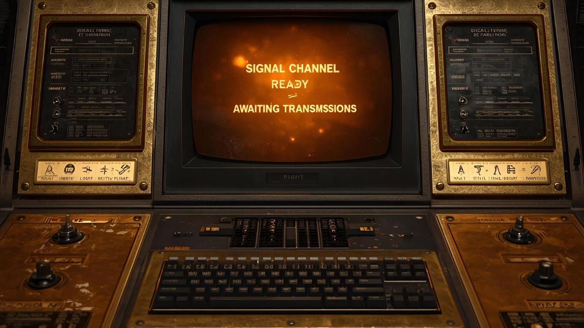 Vintage-style control panel with a screen displaying 'Signal Channel Ready Awaiting Transmissions'.